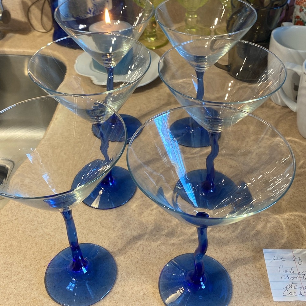 Vintage Cobalt Blue crooked bent stem. Set of 6 martini cocktail glasses.
